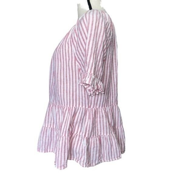 BeachLunchLounge Peplum Top Womens M Pink White Stripe Linen Blend Ruffle Sleeve - Picture 3 of 8